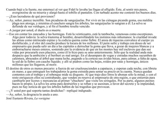 Cuando bajé a la fuente, me enternecí al ver que Fidel le lavaba las llagas al afligido. Éste, al sentir mis pasos, avergonzóse de su miseria y alargó hasta el tobillo el pantalón. Con turbado acento me contestó los buenos días. — ¿Esas lacraduras de qué provienen? — Ay, señor, parece increíble. Son picaduras de sanguijuelas. Por vivir en las ciénagas picando goma, esa maldita plaga nos atosiga, y mientras el cauchero sangra los árboles, las sanguijuelas lo sangran a él. La selva se defiende de sus verdugos, y al fin el hombre resulta vencido. — A juzgar por usted, el duelo es a muerte. — Eso sin contar los zancudos y las hormigas. Está la veinticuatro, está la tambocha, venenosas como escorpiones. Algo peor todavía: la selva trastorna al hombre, desarrollándole los instintos más inhumanos: la crueldad invade las almas como intrincado espino y la codicia quema como fiebre. El ansia de riquezas convalece al cuerpo ya desfallecido, y el olor del caucho produce la locura de los millones. El peón sufre y trabaja con deseo de ser empresario que pueda salir un día a las capitales a derrochar la goma que lleva, a gozar de mujeres blancas y a emborracharse meses enteros, sostenido por la evidencia de que en los montes hay mil esclavos que dan sus vidas por procurarle esos placeres, como él lo hizo para su amo anteriormente. Sólo que la realidad anda más despacio que la ambición y el beriberi es mal amigo. En el desamparo de vegas y estradas muchos sucumben de calentura, abrazados al árbol que mana leche, pegando a la corteza sus ávidas bocas, para calmar, a falta de agua, la sed de la fiebre con caucho líquido; y allí se pudren como las hojas, roídos por ratas y hormigas, únicos millones que les llegaron, al morir. El destino de otros es menos precario: a fuerza de ser cruelesascienden a capataces, y esperan cada noche, con libreta en mano, a que entreguen los trabajadores la goma extraída para sentar su precio en la cuenta. Nunca quedan contentos con el trabajo y el rebenque mide su disgusto. Al que trajo diez litros le abonan sólo la mitad, y con el resto enriquecen ellos su contrabando, que venden en reserva al empresario de otra región, o que entierran para cambiarlo por licores y mercancías al primer “chuchero” que visite los siringales. Por su parte, algunos peones hacen lo propio. La selva los arma para destruirlos y se roban y se asesinan, a favor del secreto y la impunidad, pues no hay noticia de que los árboles hablen de las tragedias que provocan. — ¿Y usted por qué soporta tantas desdichas? –repliqué indignado. — Ay, señor, la desgracia lo anula a uno. José Eustasio Rivera,  La vorágine 
