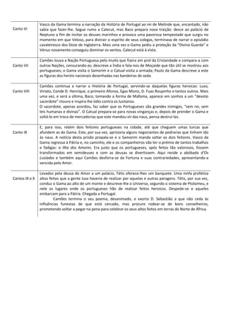 Canto VI
Vasco da Gama termina a narração da História de Portugal ao rei de Melinde que, encantado, não
sabia que fazer-lhe. Segue rumo a Calecut, mas Baco prepara nova traição: desce ao palácio de
Neptuno a fim de incitar os deuses marinhos e provoca uma pavorosa tempestade que surgiu no
momento em que Veloso, para distrair o espírito de seus colegas, terminava de narrar o episódio
cavaleiresco dos Doze de Inglaterra. Mais uma vez o Gama pediu a proteção da “Divina Guarda” e
Vénus novamente conseguiu dominar os ventos. Calecut está à vista.
Canto VII
Camões louva a Nação Portuguesa pelo muito que fizera em prol da Cristandade e compara-a com
outras Nações, censurando-as; descreve a Índia e fala-nos de Moçaide que tão útil se mostrou aos
portugueses; o Gama visita o Samorim e o Catual visita a armada; Paulo da Gama descreve a este
as figuras dos heróis nacionais desenhadas nas bandeiras de seda.
Canto VIII
Camões continua a narrar a História de Portugal, servindo-se daquelas figuras heroicas: Luso,
Viriato, Conde D. Henrique, o primeiro Afonso, Egas Moniz, D. Fuas Roupinho e tantos outros. Mais
uma vez, e será a última, Baco, tomando a forma de Mafoma, aparece em sonhos a um “devoto
sacerdote” mouro e inspira-lhe ódio contra os lusitanos.
O sacerdote, apenas acordou, faz saber que os Portugueses são grandes inimigos, “sem rei, sem
leis humanas e divinas”. O Catual prepara-se para novas vinganças e, depois de prender o Gama e
soltá-lo em troca de mercadorias que este mandou vir das naus, pensa destruí-las.
Canto IX
E, para isso, retém dois feitores portugueses na cidade, até que cheguem umas turcas que
afundem as do Gama. Este, por sua vez, aprisiona alguns negociantes de pedrarias que tinham ido
às naus. A notícia desta prisão propala-se e o Samorim manda soltar os dois feitores. Vasco da
Gama regressa à Pátria e, no caminho, ele e os companheiros vão ter o prémio de tantos trabalhos
e fadigas: a Ilha dos Amores. Era justo que os portugueses, após feitos tão valorosos, fossem
transformados em semideuses e com as deusas se divertissem. Aqui reside a abóbada d’Os
Lusíadas e também aqui Camões desforra-se da Fortuna e suas contrariedades, apresentando-a
vencida pelo Amor.
Cantos IX e X
Levados pela deusa do Amor a um palácio, Tétis oferece-lhes um banquete. Uma ninfa profetiza
altos feitos que a gente lusa haveria de realizar por aquelas e outras paragens. Tétis, por sua vez,
conduz o Gama ao alto de um monte e descreve-lhe o Universo, segundo o sistema de Ptolomeu, e
nele os lugares onde os portugueses hão de realizar feitos heroicos. Despede-se e aqueles
embarcam para a Pátria. Chegada a Portugal.
Camões termina o seu poema, desanimado, e exorta D. Sebastião a que não ceda às
influências funestas de que está cercado, mas procure rodear-se de bons conselheiros,
prometendo voltar a pegar na pena para celebrar os seus altos feitos em terras do Norte de África.
 
