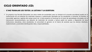 CICLO ORIENTADO (CO) 
- CÓMO TRABAJAR LOS TEXTOS, LA LECTURA Y LA ESCRITURA 
 Un proyecto muy fecundo (frecuentes con otros niveles de escolaridad, pero no siempre en la escuela secundaria) puede ser la 
conformación de una dotación de materiales impresos y audiovisuales aportados por los estudiantes, el docente, las familias, la 
comunidad, agencias y agentes del campo social, etc. si este proyecto se construye en el marco de aprendizajes vinculados con la 
intervención sociocomunitaria, esa dotación de materiales de consulta y lectura podrá ser puesto a disposición de otras 
instituciones educativas, otros estudiantes, la comunidad en general, en el marco de acciones que los jóvenes diseñarán, 
implementarán y sostendrán distribuyendo roles y responsabilidades. 
 