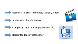 Recolectar o crear imágenes, audios y videos
Juntar todos los elementos
Compartir la narrativa digital terminada
Recibir feedback y reflexionar
 