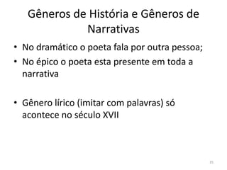 Gêneros de História e Gêneros de
             Narrativas
• No dramático o poeta fala por outra pessoa;
• No épico o poeta esta presente em toda a
  narrativa

• Gênero lírico (imitar com palavras) só
  acontece no século XVII



                                                35
 