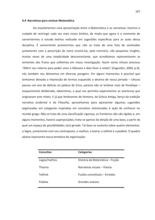 167
4.4 Narrativas para ensinar Matemática
Ao arquitetarmos uma aproximação entre a Matemática e as narrativas, tivemos o
cuidado de restringir cada vez mais nosso âmbito, de modo que agora é o momento de
convertermos o estudo teórico realizado em sugestões específicas para as aulas dessa
disciplina. É conveniente prevenirmos que não se trata de uma lista de conteúdos
juntamente com a prescrição de como ensiná-los, pelo contrário, são pequenos insights,
muitas vezes de uma simplicidade desconcertante, que acreditamos representarem as
sementes dos frutos que colhemos em nossa investigação. Assim como Ulisses precisou
“diferir seu retorno para poder viver a Odisseia e dela fazer o relato” (Gagnebin, 2004, p.4),
nós também nos detivemos em diversas paragens. Em alguns momentos é possível que
tenhamos deixado a impressão de termos esquecido o destino de nossa jornada – Ulisses
passou um ano de delícias no palácio de Circe, parecia não se lembrar mais de Penélope –
esquecimento deliberado, advertimos, o qual nos permitiu experimentar as aventuras que
originaram este relato. E já que lembramos de Homero, da Grécia Antiga, berço da tradição
narrativa ocidental e da Filosofia, aproveitamos para apresentar algumas sugestões
organizadas em categorias inspiradas em conceitos relacionados à ação de conhecer no
mundo grego. Não se trata de uma classificação rigorosa, as fronteiras não são rígidas e, em
alguns momentos, haverá superposições; trata-se apenas da eleição de uma base, a partir da
qual um espaço de possibilidades será gerado. Tal base se sustenta sobre quatro elementos:
o logos, juntamente com seu contraposto, o mythos; a teoria; a tekhné e a paideia. O quadro
abaixo representa nossa tentativa de organização:
Conceitos Categorias
Logos/mythos História da Matemática – Ficção
Theoria Narrativas visuais – Poesia
Tekhné Fusões conceituais – Enredos
Paideia Grandes autores
 