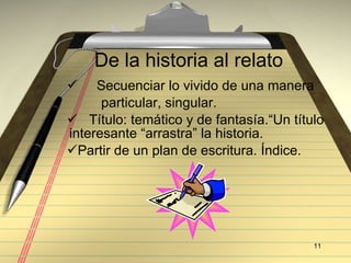 De la historia al relato Secuenciar lo vivido de una manera particular, singular.  T ítulo: temático y de fantasía.“Un título  interesante “arrastra” la historia. Partir de un plan de escritura. Índice. 