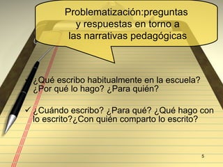 ¿Qu é escribo habitualmente en la escuela? ¿Por qué lo hago? ¿Para quién? ¿Cu ándo escribo? ¿Para qué? ¿Qué hago con lo escrito? ¿Con qui én comparto lo escrito? Problematizaci ón:pr eguntas y respuestas en torno a las narrativas pedag ógicas 