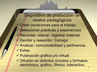 Dispositivo de producci ón de relatos pedagógicos Crear condiciones para el trabajo. Seleccionar pr ácticas y experiencias Recordar, relevar, registrar material. Escribir y reescribir. Corregir. Analizar: comunicabilidad y pertinencia. Editar.  Publicación gráfica y/o virtual. Difusión en distintos circuitos y formatos: electrónico, gráfico, fílmico, interactivo. 