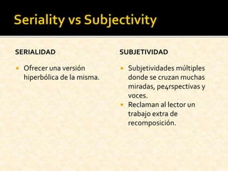 SERIALIDAD
 Ofrecer una versión
hiperbólica de la misma.
SUBJETIVIDAD
 Subjetividades múltiples
donde se cruzan muchas
miradas, pe4rspectivas y
voces.
 Reclaman al lector un
trabajo extra de
recomposición.
 