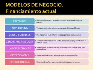 • Una minoría paga por servicio premium, base para la mayoría
gratuitaFREEMIUM
• Venta de audiencias a las empresas a cambio de publicidadADVERTISING
• Dar algo gratis para obtener un pago por otra cosa vinculadaCROSS-SUBSIDIES
• Acceso a contenidos cuyos costes de reproducción y distribución se
acercan a cero.ZERO MARGINAL COST
• Acceso gratis a cambio de usar un servicio o acción que tiene valor
para alguienLABOR EXCHANGE
• Contenidos gratis para todos pero generados por todos.GIFT ECONOMY
• Financiación del proyecto con cientos/miles de micropagosCROWDFUNDING
 