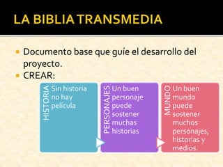  Documento base que guíe el desarrollo del
proyecto.
 CREAR:
HISTORIA
Sin historia
no hay
película PERSONAJES
Un buen
personaje
puede
sostener
muchas
historias
MUNDO
Un buen
mundo
puede
sostener
muchos
personajes,
historias y
medios.
 