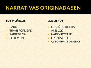 LOS MUÑECOS
 BARBIE
 TRANSFORMERS
 SAINT SEIYA
 POKEMON
LOS LIBROS
 EL SEÑOR DE LOS
ANILLOS
 HARRY POTTER
 CREPÚSCULO
 50 SOMBRAS DE GRAY
 