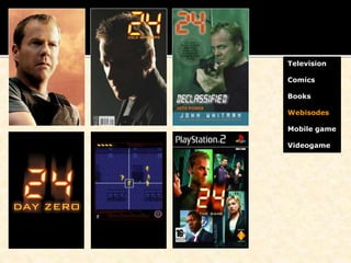 Television
Comics
Books
Webisodes
Mobile game
Videogame
 