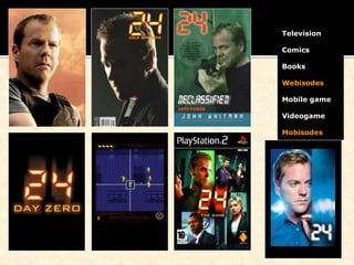 Television
Comics
Books
Webisodes
Mobile game
Videogame
Mobisodes
 