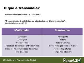 O que é transmídia?
 Diferença entre Multimídia e Transmídia


 "Transmídia não é o sinônimo de adaptações em diferentes mídias" -
 Giselle beiguelman (2010)


           Multimídia                                  Transmídia
               - Espectador                               - Participante
               - Mensagem                                    - História
             - Conteúdo Fixo                           - História Contínua
 - Repetição de conteúdo entre as mídias       - Pouca repetição entre as mídias
- Limitação na profundidade do conteúdo              - Conteúdo profundo
             - Pré-planejado                        - Tempo-real e Sensível


Criatividade e Comunicação Digital
 