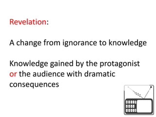 Revelation:A change from ignorance to knowledgeKnowledge gained by the protagonist orthe audience with dramatic consequences