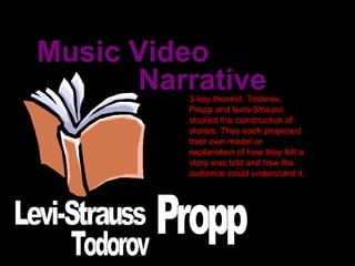 Narrative
Music Video
3 key theorist, Todorov,
Propp and levis-Strauss
studied the construction of
stories. They each proposed
their own model or
explanation of how they felt a
story was told and how the
audience could understand it.
 