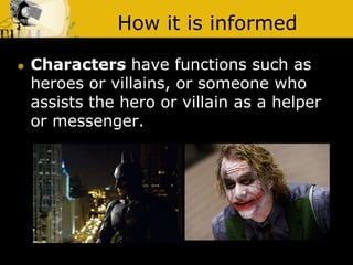 How it is informed
 Characters have functions such as
heroes or villains, or someone who
assists the hero or villain as a helper
or messenger.
 