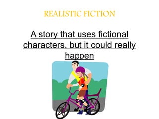 REALISTIC FICTION
A story that uses fictional
characters, but it could really
happen
 