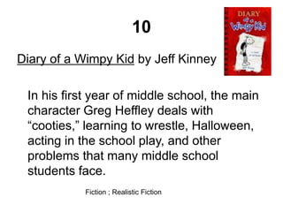 10
Diary of a Wimpy Kid by Jeff Kinney
In his first year of middle school, the main
character Greg Heffley deals with
“cooties,” learning to wrestle, Halloween,
acting in the school play, and other
problems that many middle school
students face.
Fiction ; Realistic Fiction
 