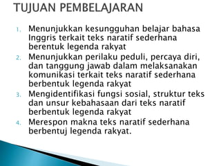 1. Menunjukkan kesungguhan belajar bahasa
Inggris terkait teks naratif sederhana
berentuk legenda rakyat
2. Menunjukkan perilaku peduli, percaya diri,
dan tanggung jawab dalam melaksanakan
komunikasi terkait teks naratif sederhana
berbentuk legenda rakyat
3. Mengidentifikasi fungsi sosial, struktur teks
dan unsur kebahasaan dari teks naratif
berbentuk legenda rakyat
4. Merespon makna teks naratif sederhana
berbentuj legenda rakyat.
 