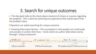 3. Search for unique outcomes
 The therapist talks to the client about moment of choice or success regarding
the problem. This is done by selecting any experience that stands apart from
the problem story.
Question are asked searching for unique outcome
 Creating Alternative Stories – The assumption is that people can continually
and actively re-author their lives – Invite clients to author alternative stories
through “unique outcomes”
 