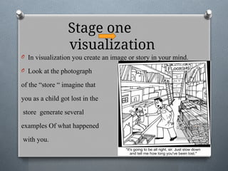 Stage one
visualization
O In visualization you create an image or story in your mind.
O Look at the photograph
of the “store “ imagine that
you as a child got lost in the
store generate several
examples Of what happened
with you.
 