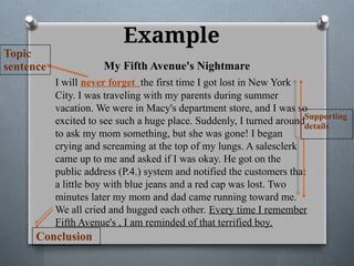 Example
My Fifth Avenue's Nightmare
I will never forget the first time I got lost in New York
City. I was traveling with my parents during summer
vacation. We were in Macy's department store, and I was so
excited to see such a huge place. Suddenly, I turned around
to ask my mom something, but she was gone! I began
crying and screaming at the top of my lungs. A salesclerk
came up to me and asked if I was okay. He got on the
public address (P.4.) system and notified the customers that
a little boy with blue jeans and a red cap was lost. Two
minutes later my mom and dad came running toward me.
We all cried and hugged each other. Every time I remember
Fifth Avenue's , I am reminded of that terrified boy.
Topic
sentence
Supporting
details
Conclusion
 