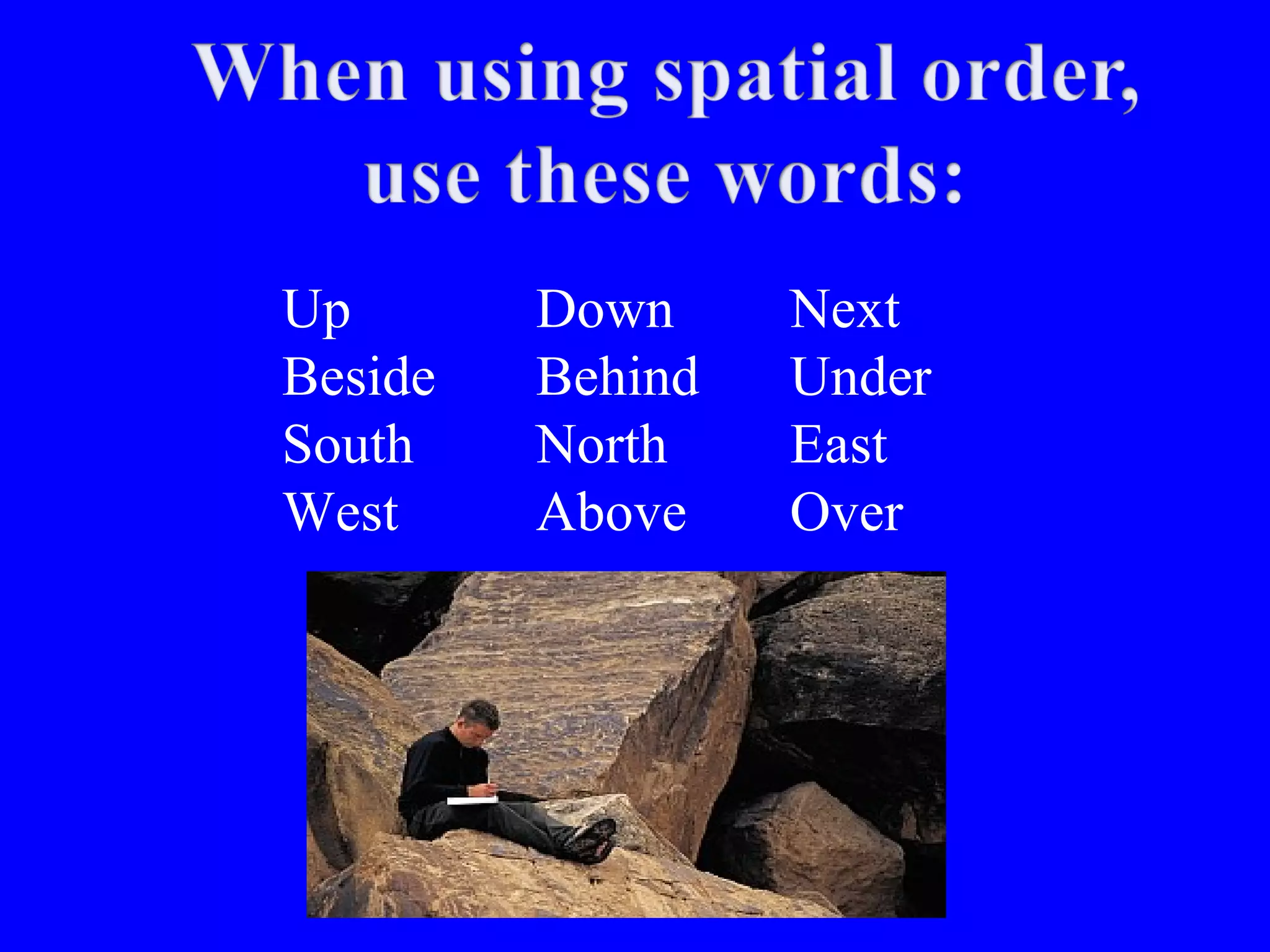 Up Down Next
Beside Behind Under
South North East
West Above Over
 