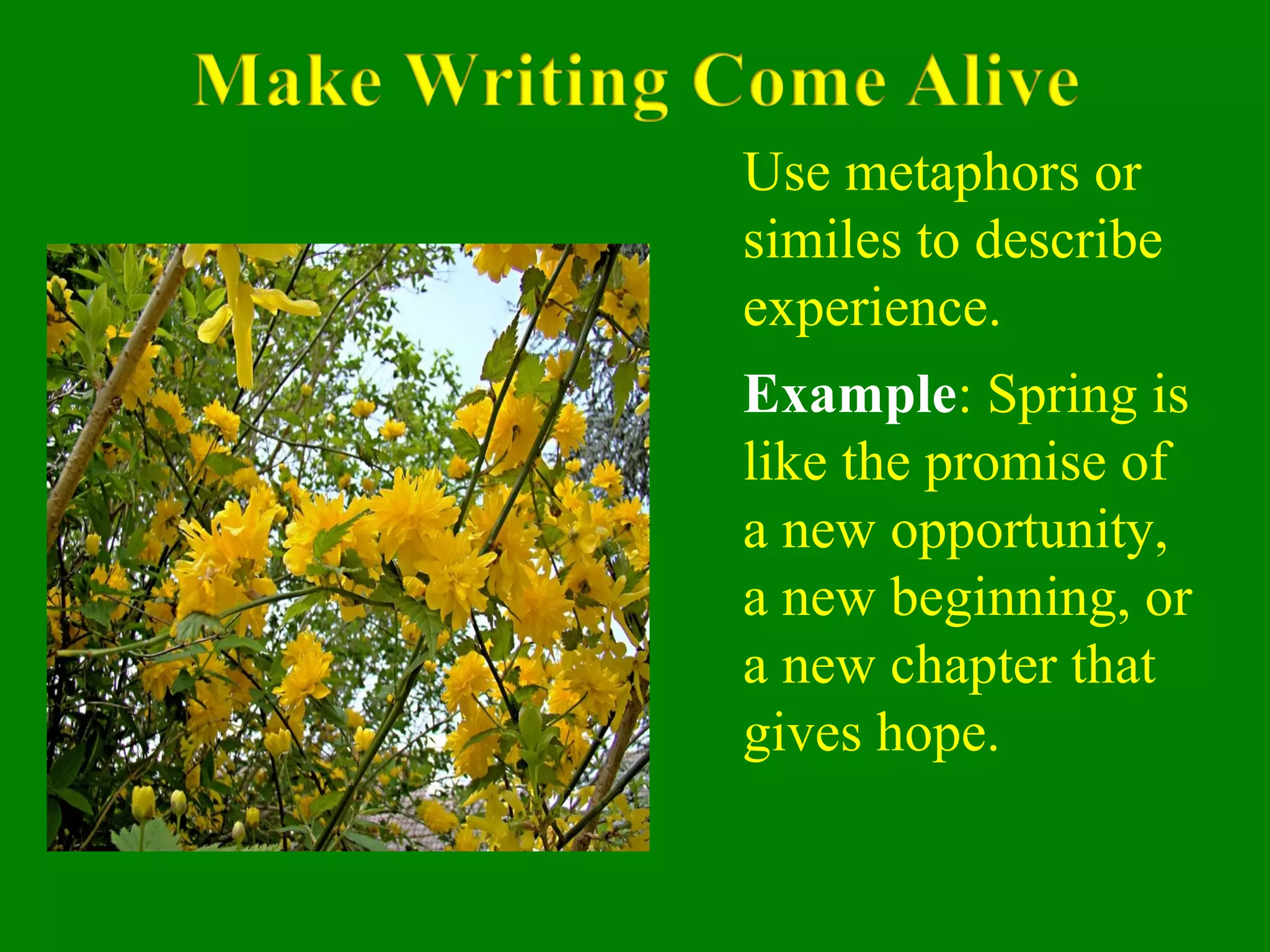 Example: Spring is
like the promise of
a new opportunity,
a new beginning, or
a new chapter that
gives hope.
Use metaphors or
similes to describe
experience.
 