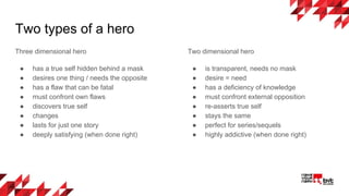 Two types of a hero
Three dimensional hero
● has a true self hidden behind a mask
● desires one thing / needs the opposite
● has a flaw that can be fatal
● must confront own flaws
● discovers true self
● changes
● lasts for just one story
● deeply satisfying (when done right)
Two dimensional hero
● is transparent, needs no mask
● desire = need
● has a deficiency of knowledge
● must confront external opposition
● re-asserts true self
● stays the same
● perfect for series/sequels
● highly addictive (when done right)
 