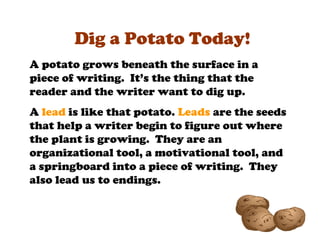 Dig a Potato Today!
A potato grows beneath the surface in a
piece of writing. It’s the thing that the
reader and the writer want to dig up.
A lead is like that potato. Leads are the seeds
that help a writer begin to figure out where
the plant is growing. They are an
organizational tool, a motivational tool, and
a springboard into a piece of writing. They
also lead us to endings.
 