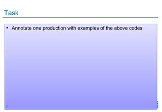Task

 Annotate one production with examples of the above codes




13
 