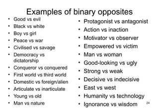 Examples of binary opposites
•   Good vs evil                 •   Protagonist vs antagonist
•   Black vs white
                                 •   Action vs inaction
•   Boy vs girl
•   Peace vs war
                                 •   Motivator vs observer
•   Civilised vs savage          •   Empowered vs victim
•   Democracy vs                 •   Man vs woman
    dictatorship                 •   Good-looking vs ugly
•   Conqueror vs conquered
                                 •   Strong vs weak
•   First world vs third world
•   Domestic vs foreign/alien
                                 •   Decisive vs indecisive
•   Articulate vs inarticulate   •   East vs west
•   Young vs old                 •   Humanity vs technology
•   Man vs nature                •   Ignorance vs wisdom     24
 