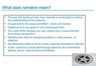 What does narrative mean?

  The way that stories are told, how meaning is constructed to achieve
   the understanding of the audience.
  Groups events into cause and effect – action and inaction.
  Organises time and space in very compressed form.
  The voice of the narrative can vary; whose story is being told and
   from whose perspective?
  Narrative plot refers to everything audibly or visibly present, i.e.
   selective.
  Narrative story refers to all the events, explicitly presented or referred.
  In film, narrative is constructed through elements like camerawork,
   lighting, sound, mise-en-scene and editing.



3
 