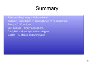 Summary
•   Aristotle − beginning, middle and end
•   Todorov − equilibrium  disequilibrium  re-equilibrium
•   Propp − 31 Functions
•   Levi-Strauss − binary oppositions
•   Campbell − Monomyth and archetypes
•   Vogler − 12 stages and archetypes




                                                              32
 