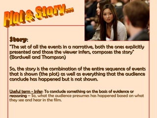 StoryStory::
"The set of all the events in a narrative, both the ones explicitly"The set of all the events in a narrative, both the ones explicitly
presented and those the viewer infers, composes the story"presented and those the viewer infers, composes the story"
(Bordwell and Thompson)(Bordwell and Thompson)
So, the story is the combination of the entire sequence of eventsSo, the story is the combination of the entire sequence of events
that is shown (the plot) as well as everything that the audiencethat is shown (the plot) as well as everything that the audience
conclude has happened but is not shown.conclude has happened but is not shown.
Useful term - InferUseful term - Infer: To conclude something on the basis of evidence or: To conclude something on the basis of evidence or
reasoningreasoning – So, what the audience presumes has happened based on what
they see and hear in the film.
 