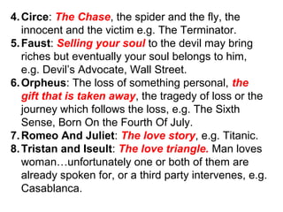 4.Circe: The Chase, the spider and the fly, the
innocent and the victim e.g. The Terminator.
5.Faust: Selling your soul to the devil may bring
riches but eventually your soul belongs to him,
e.g. Devil’s Advocate, Wall Street.
6.Orpheus: The loss of something personal, the
gift that is taken away, the tragedy of loss or the
journey which follows the loss, e.g. The Sixth
Sense, Born On the Fourth Of July.
7.Romeo And Juliet: The love story, e.g. Titanic.
8.Tristan and Iseult: The love triangle. Man loves
woman…unfortunately one or both of them are
already spoken for, or a third party intervenes, e.g.
Casablanca.
 