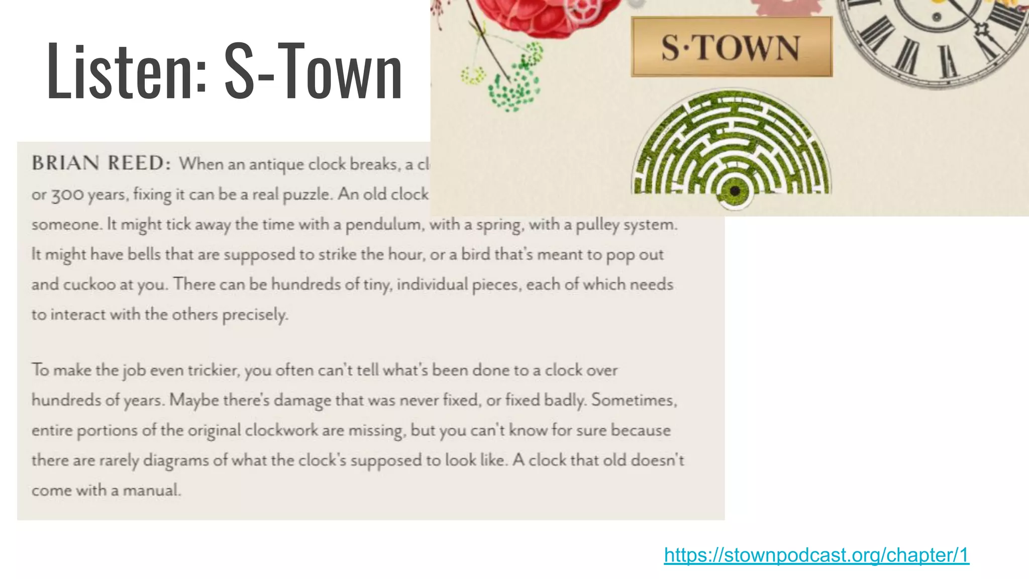 Listen: S-Town
https://stownpodcast.org/chapter/1
 