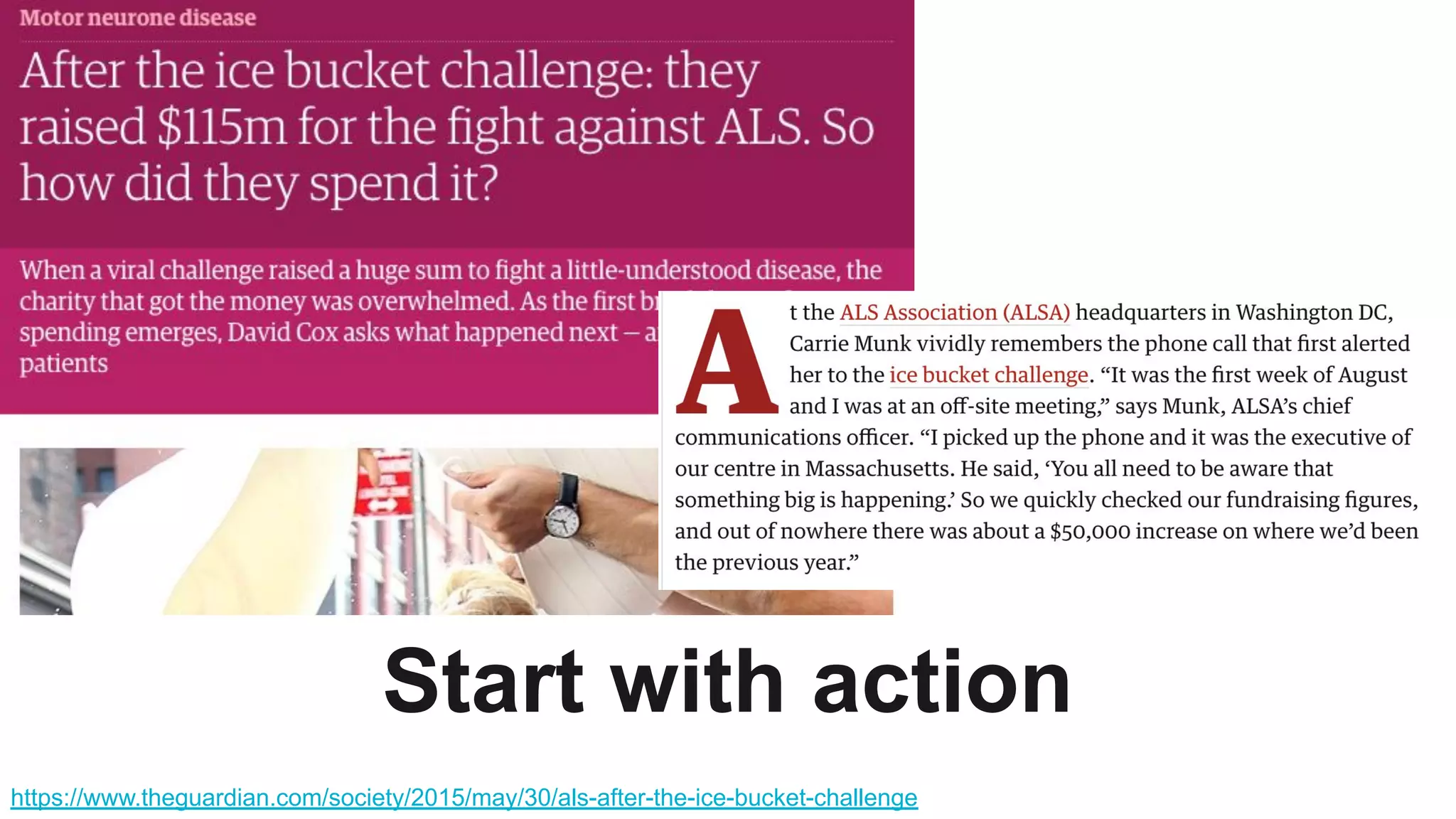 Start with action
https://www.theguardian.com/society/2015/may/30/als-after-the-ice-bucket-challenge
 
