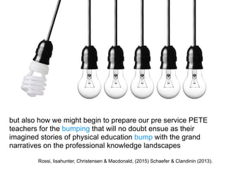but also how we might begin to prepare our pre service PETE
teachers for the bumping that will no doubt ensue as their
imagined stories of physical education bump with the grand
narratives on the professional knowledge landscapes
Rossi, lisahunter, Christensen & Macdonald, (2015) Schaefer & Clandinin (2013).
 