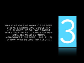 1 2 3
D R AW I N G O N T H E W O R K O F G R E E N E
( 1 9 9 7 ) , E N R I G H T A N D O ’ S U L L I VA N
( 2 0 1 2 ) C O N C L U D E D , “ W E C A N N O T
M A K E S I G N I F I C A N T C H A N G E O N O U R
O W N . W E N E E D TO ‘ M O V E
N E W C O M E R S ’ ( G R E E N E , 1 9 9 7 , P. 1 0 )
TO J O I N W I T H U S A N D T R A N S F O R M ” .
 