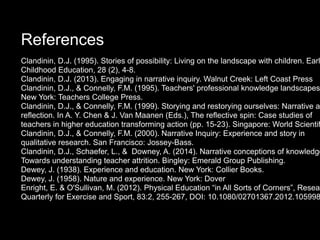 References
Clandinin, D.J. (1995). Stories of possibility: Living on the landscape with children. Earl
Childhood Education, 28 (2), 4-8.
Clandinin, D.J. (2013). Engaging in narrative inquiry. Walnut Creek: Left Coast Press
Clandinin, D.J., & Connelly, F.M. (1995). Teachers' professional knowledge landscapes
New York: Teachers College Press.
Clandinin, D.J., & Connelly, F.M. (1999). Storying and restorying ourselves: Narrative an
reflection. In A. Y. Chen & J. Van Maanen (Eds.), The reflective spin: Case studies of
teachers in higher education transforming action (pp. 15-23). Singapore: World Scientif
Clandinin, D.J., & Connelly, F.M. (2000). Narrative Inquiry: Experience and story in
qualitative research. San Francisco: Jossey-Bass.
Clandinin, D.J., Schaefer, L., & Downey, A. (2014). Narrative conceptions of knowledge
Towards understanding teacher attrition. Bingley: Emerald Group Publishing.
Dewey, J. (1938). Experience and education. New York: Collier Books.
Dewey, J. (1958). Nature and experience. New York: Dover
Enright, E. & O'Sullivan, M. (2012). Physical Education “in All Sorts of Corners”, Resear
Quarterly for Exercise and Sport, 83:2, 255-267, DOI: 10.1080/02701367.2012.105998
 