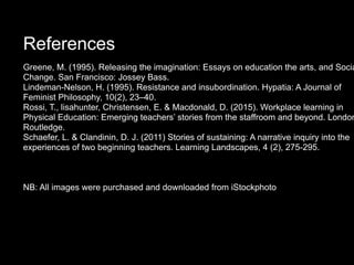 References
Greene, M. (1995). Releasing the imagination: Essays on education the arts, and Socia
Change. San Francisco: Jossey Bass.
Lindeman-Nelson, H. (1995). Resistance and insubordination. Hypatia: A Journal of
Feminist Philosophy, 10(2), 23–40.
Rossi, T., lisahunter, Christensen, E. & Macdonald, D. (2015). Workplace learning in
Physical Education: Emerging teachers’ stories from the staffroom and beyond. London
Routledge.
Schaefer, L. & Clandinin, D. J. (2011) Stories of sustaining: A narrative inquiry into the
experiences of two beginning teachers. Learning Landscapes, 4 (2), 275-295.
NB: All images were purchased and downloaded from iStockphoto
 