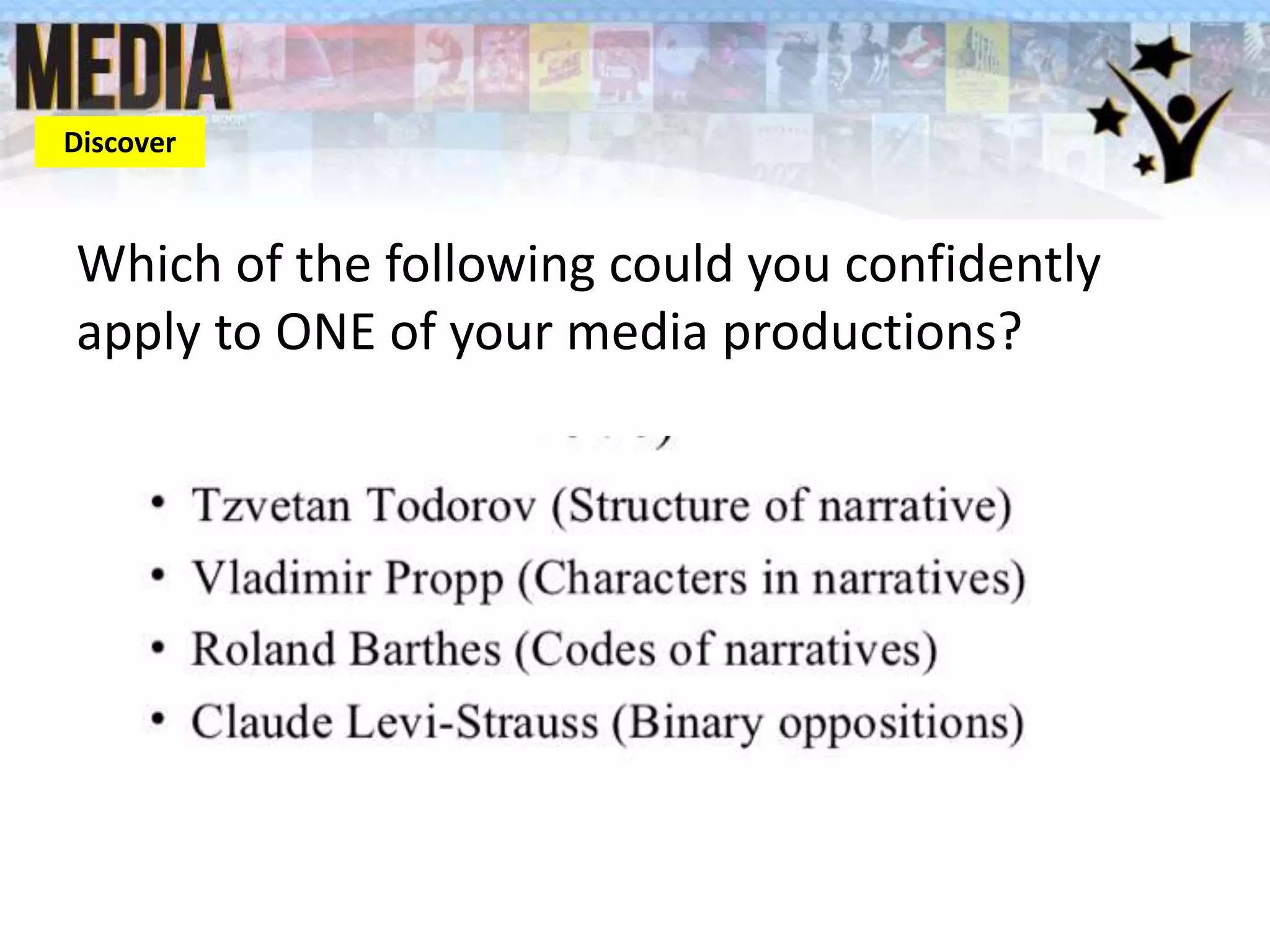 Which of the following could you confidently
apply to ONE of your media productions?
Discover
 
