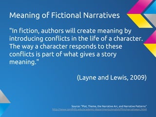 Meaning of Fictional Narratives
"In fiction, authors will create meaning by
introducing conflicts in the life of a character.
The way a character responds to these
conflicts is part of what gives a story
meaning."
(Layne and Lewis, 2009)
Source: "Plot, Theme, the Narrative Arc, and Narrative Patterns"
http://www.sandhills.edu/academic-departments/english/film/narrativearc.html
 