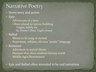 Narrative PoetryStress story and actionEpicAdventures of a heroOften related to nation-buildingOrigins, beliefs, etc.Ex: Homer’s Illiad, Virgil’s AeneidBalladMeant to be sung or recitedRepetition, refrains, obvious “poetic” languageRomanceAdventure is central themeHumans that often confront fantasy worldMiddle Ages/RenaissanceEpic and Ballad often intended to be oral narratives
