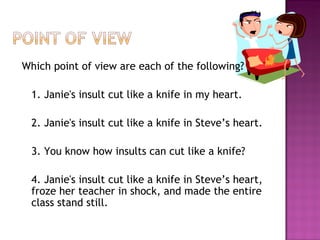 Which point of view are each of the following?

 1. Janie's insult cut like a knife in my heart.

 2. Janie's insult cut like a knife in Steve’s heart.

 3. You know how insults can cut like a knife?

 4. Janie's insult cut like a knife in Steve’s heart,
 froze her teacher in shock, and made the entire
 class stand still.
 