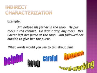 Example:
       Jim helped his father in the shop. He put
tools in the cabinet. He didn’t drop any tools. Mrs.
Carter left her purse at the shop. Jim followed her
outside to give her the purse.

What words would you use to tell about Jim?
 