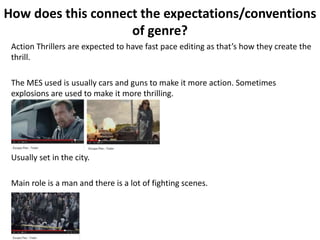 How does this connect the expectations/conventions 
of genre? 
Action Thrillers are expected to have fast pace editing as that’s how they create the 
thrill. 
The MES used is usually cars and guns to make it more action. Sometimes 
explosions are used to make it more thrilling. 
Usually set in the city. 
Main role is a man and there is a lot of fighting scenes. 
