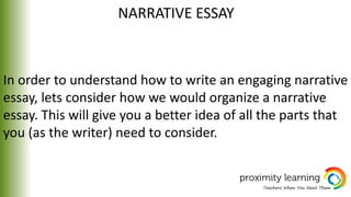 NARRATIVE ESSAY
In order to understand how to write an engaging narrative
essay, lets consider how we would organize a narrative
essay. This will give you a better idea of all the parts that
you (as the writer) need to consider.
 