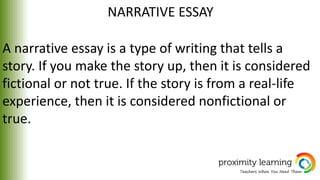 NARRATIVE ESSAY
A narrative essay is a type of writing that tells a
story. If you make the story up, then it is considered
fictional or not true. If the story is from a real-life
experience, then it is considered nonfictional or
true.
 
