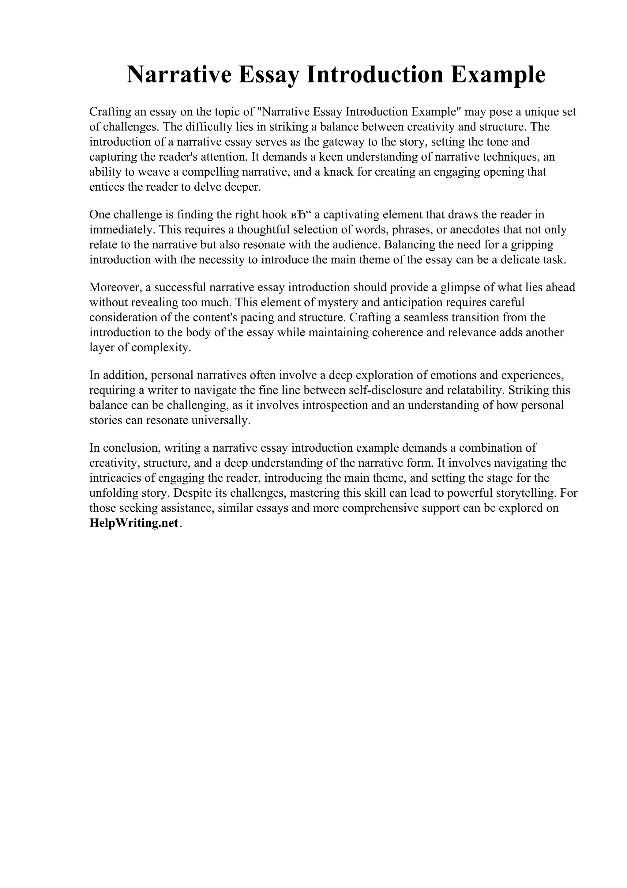 Narrative Essay Introduction Example. Personal Narrative Essay Sample ...